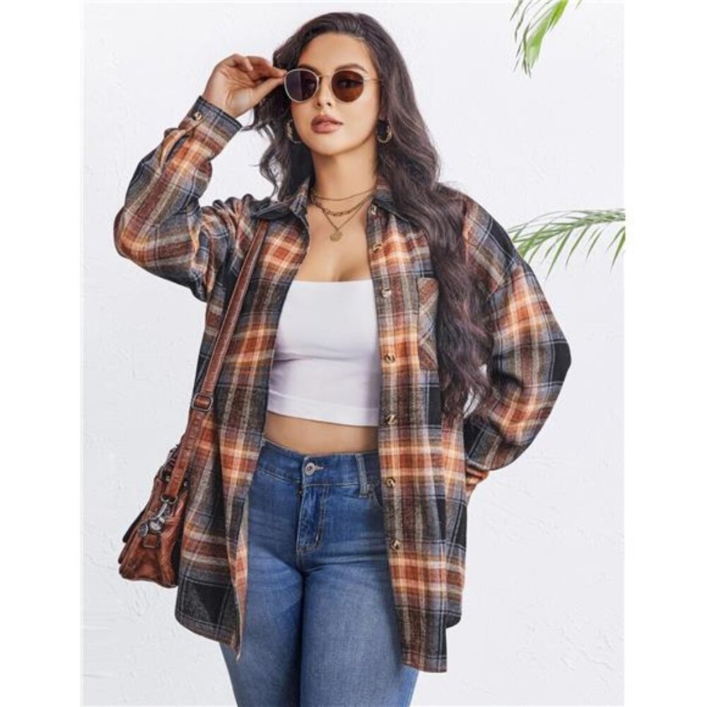 Womens Plus Size Flannel Plaid Shirts Long Sleeve Casual Collared - Picture 2 of 6